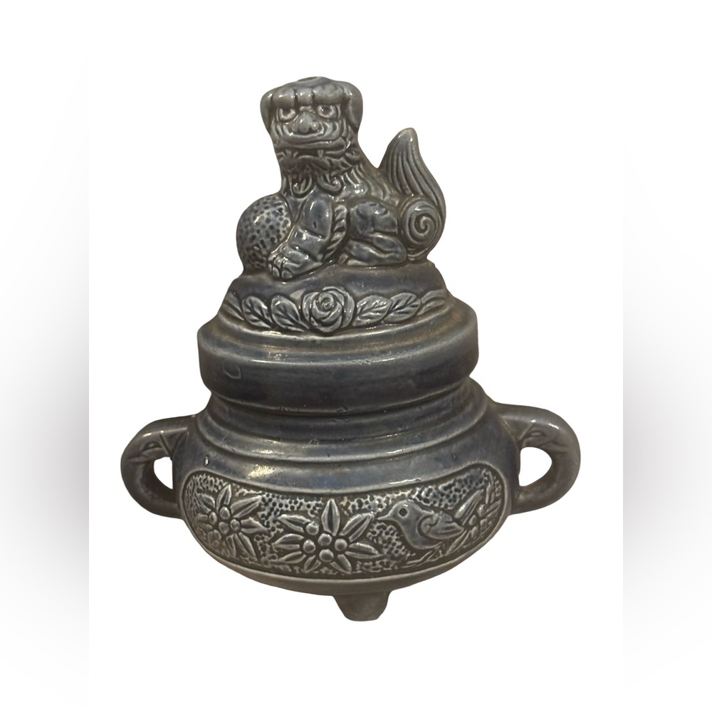 Dusty Blue Japanese Collectible Koro Ceramic Incense Burner with Dragon Motif